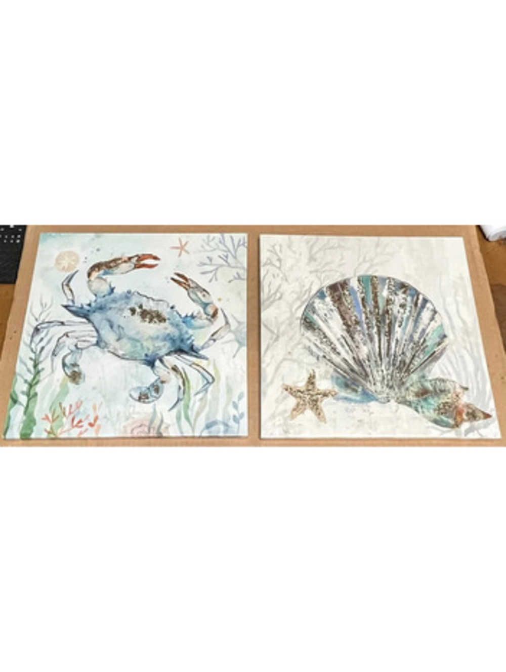 2 pictures Aquatic themed Set, Shell and Crab w/ 3D gold sparkle effect. 12x12”
